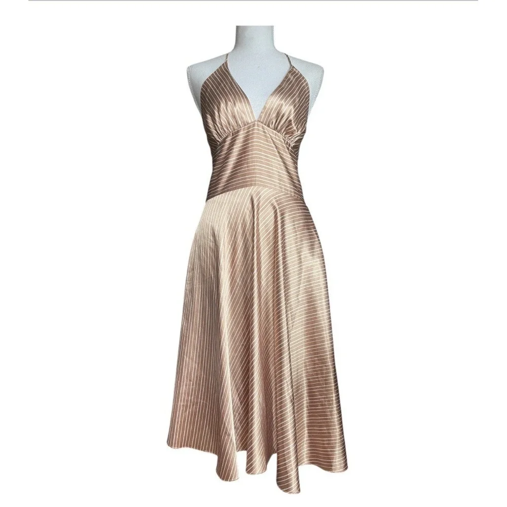 Vintage Alyn Paige Satin Stripe Halter Midi‎ Dress Retro Y2k Coquette Sz M